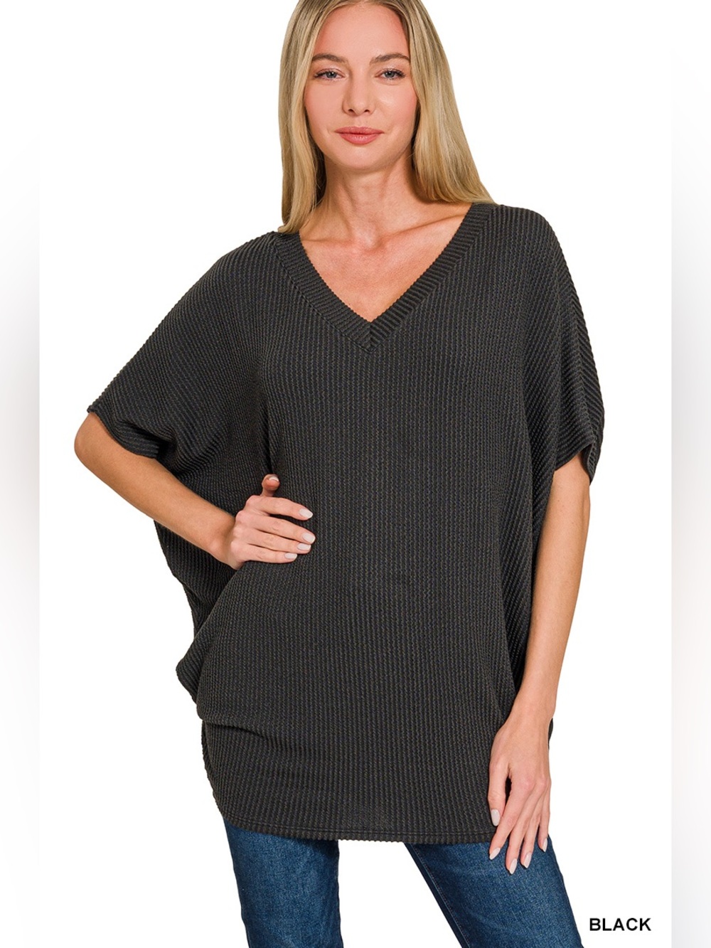 Zenana RAISED RIB V-NECK BATWING TOP